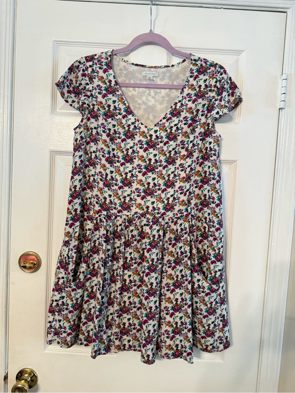 Garnet Hill White Floral V-Neck Short Sleeve Dress - Pink, Green, Gold
